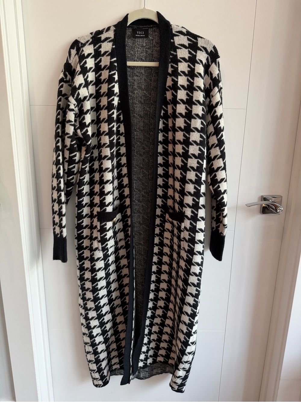 VICI Black & White Houndstooth Long Open Cardigan